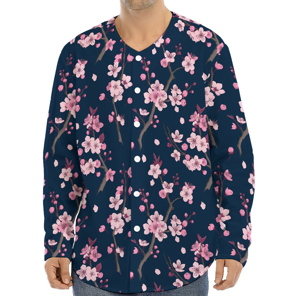 Pink Sakura Cherry Blossom Pattern Print Long Sleeve Baseball Jersey