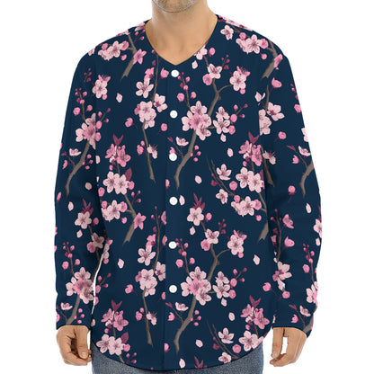 Pink Sakura Cherry Blossom Pattern Print Long Sleeve Baseball Jersey