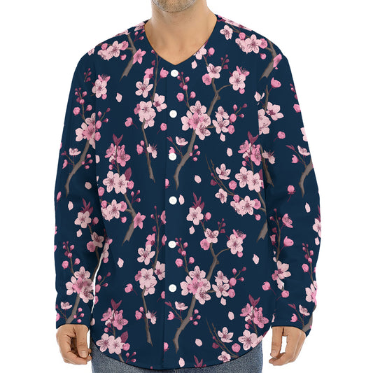 Pink Sakura Cherry Blossom Pattern Print Long Sleeve Baseball Jersey