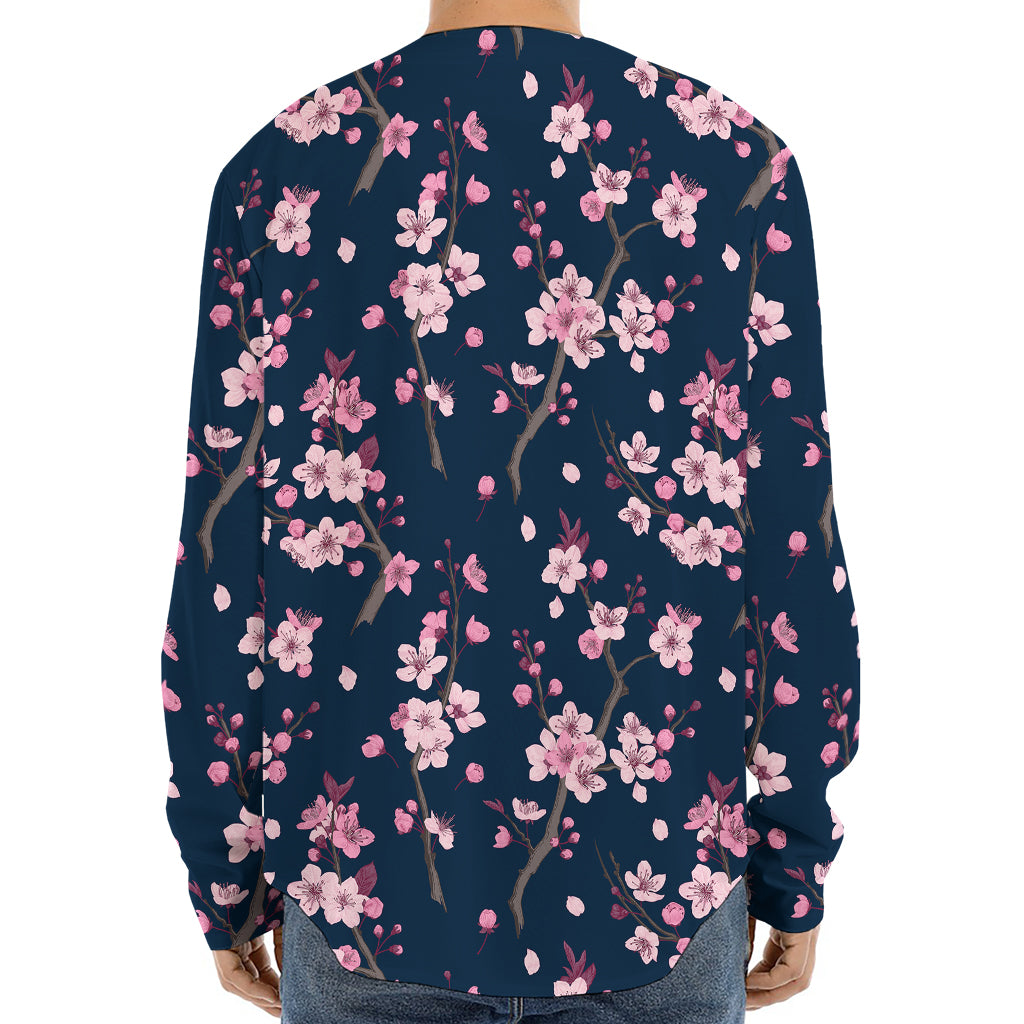Pink Sakura Cherry Blossom Pattern Print Long Sleeve Baseball Jersey