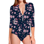 Pink Sakura Cherry Blossom Pattern Print Long Sleeve Swimsuit
