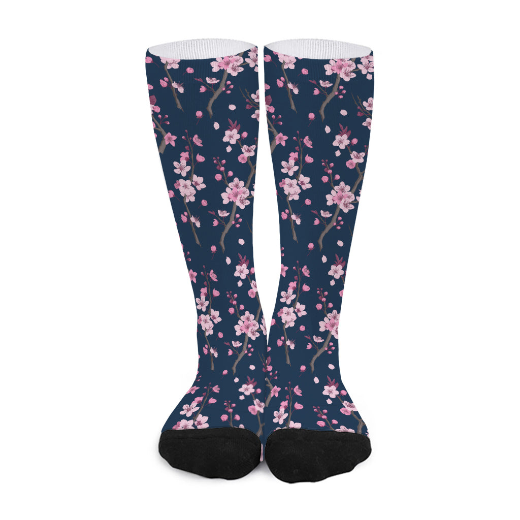 Pink Sakura Cherry Blossom Pattern Print Long Socks