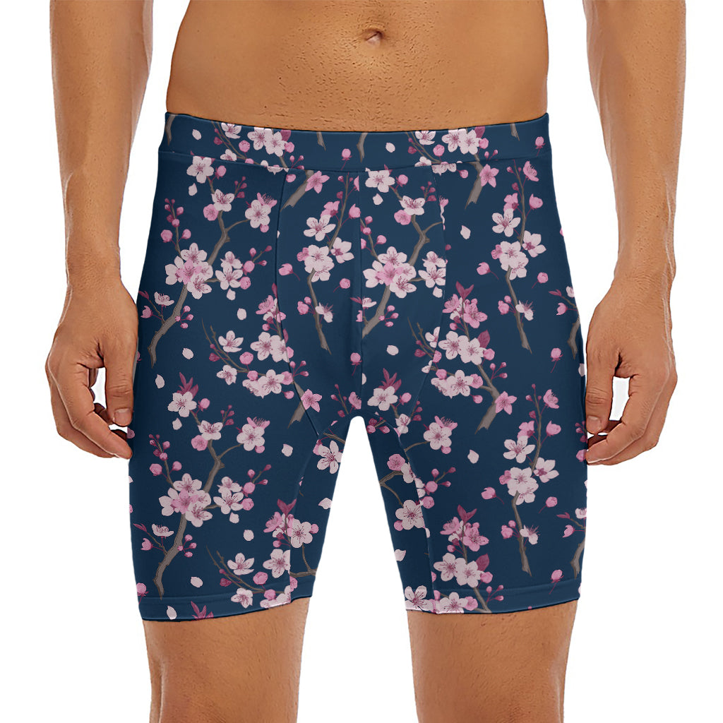 Pink Sakura Cherry Blossom Pattern Print Men's Long Boxer Briefs