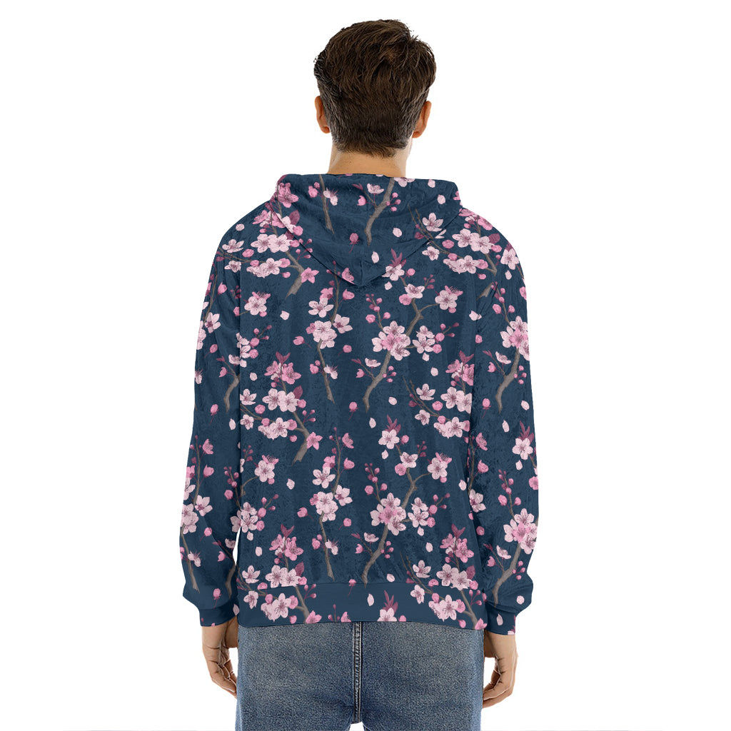 Pink Sakura Cherry Blossom Pattern Print Men's Velvet Pullover Hoodie