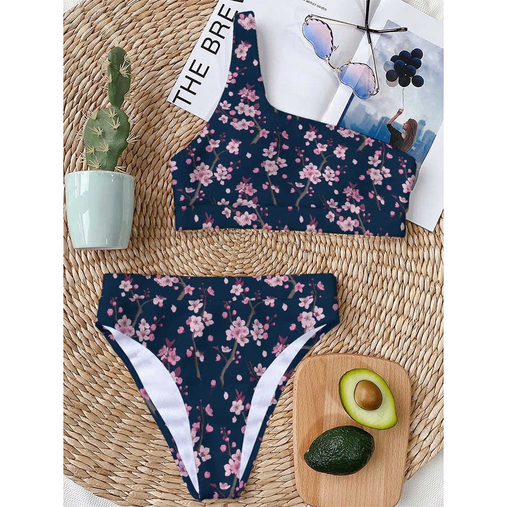 Pink Sakura Cherry Blossom Pattern Print One Shoulder Bikini Top