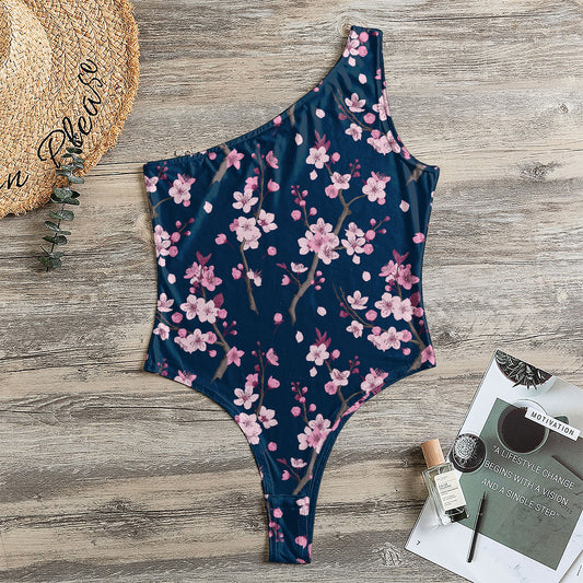 Pink Sakura Cherry Blossom Pattern Print One Shoulder Bodysuit