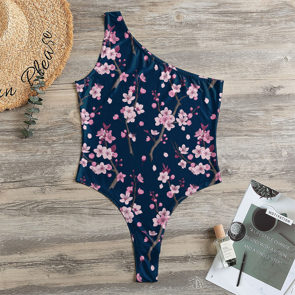 Pink Sakura Cherry Blossom Pattern Print One Shoulder Bodysuit