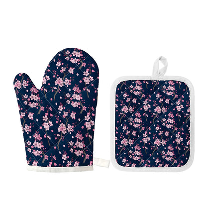 Pink Sakura Cherry Blossom Pattern Print Oven Mitt And Pot Holder Set