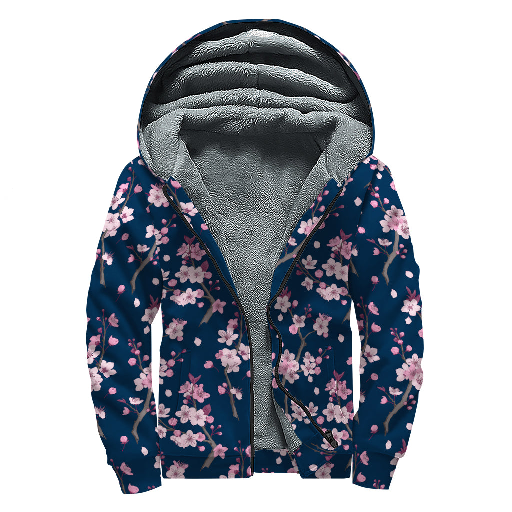 Pink Sakura Cherry Blossom Pattern Print Sherpa Lined Zip Up Hoodie