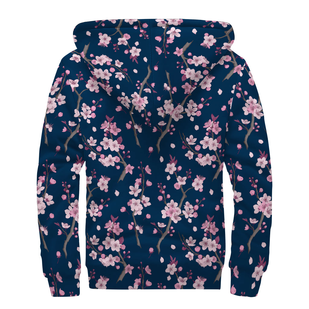 Pink Sakura Cherry Blossom Pattern Print Sherpa Lined Zip Up Hoodie