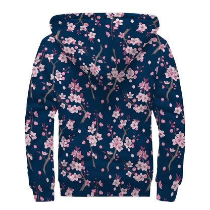 Pink Sakura Cherry Blossom Pattern Print Sherpa Lined Zip Up Hoodie