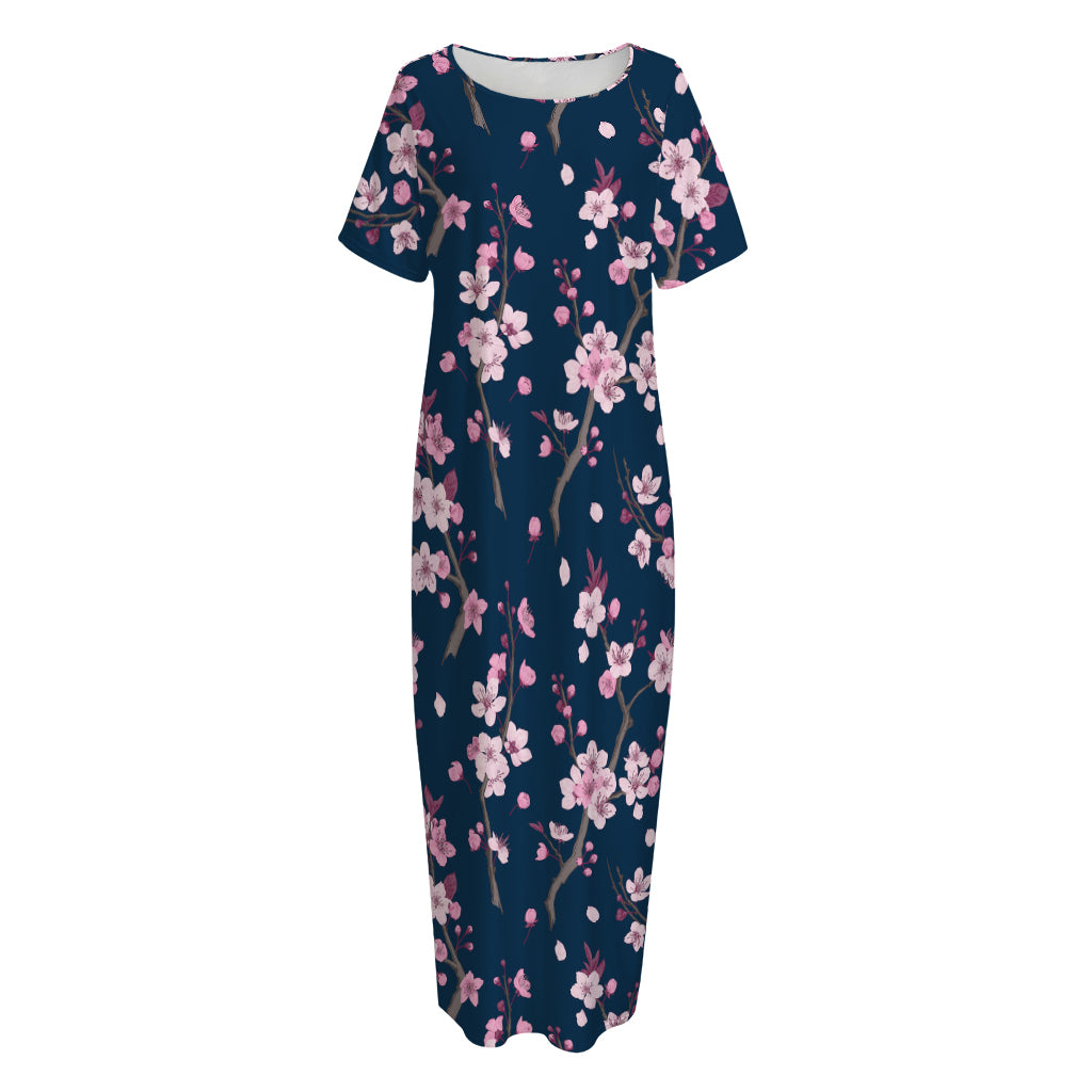 Pink Sakura Cherry Blossom Pattern Print Short Sleeve Long Nightdress