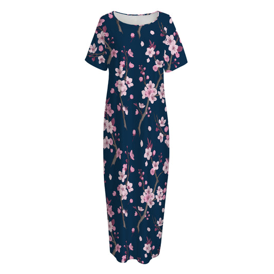 Pink Sakura Cherry Blossom Pattern Print Short Sleeve Long Nightdress