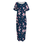 Pink Sakura Cherry Blossom Pattern Print Short Sleeve Long Nightdress