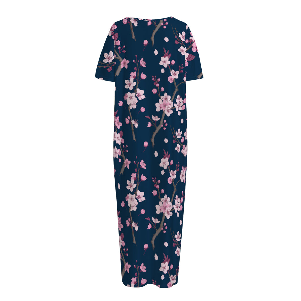Pink Sakura Cherry Blossom Pattern Print Short Sleeve Long Nightdress