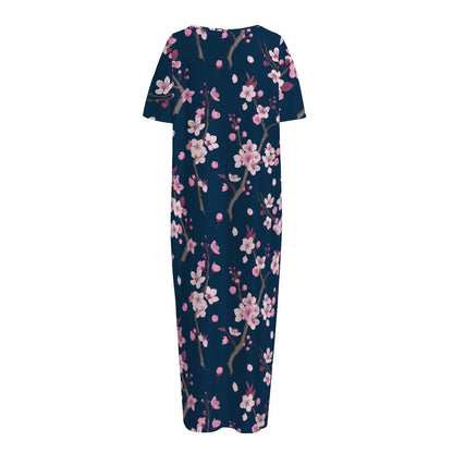 Pink Sakura Cherry Blossom Pattern Print Short Sleeve Long Nightdress