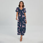 Pink Sakura Cherry Blossom Pattern Print Short Sleeve Maxi Dress