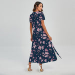 Pink Sakura Cherry Blossom Pattern Print Short Sleeve Maxi Dress