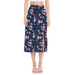 Pink Sakura Cherry Blossom Pattern Print Side Slit Midi Skirt