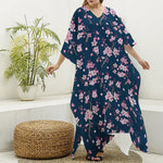 Pink Sakura Cherry Blossom Pattern Print Silk V-Neck Kaftan Dress