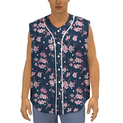 Pink Sakura Cherry Blossom Pattern Print Sleeveless Baseball Jersey
