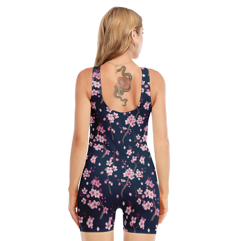 Pink Sakura Cherry Blossom Pattern Print Sleeveless One Piece Swimsuit