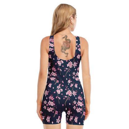 Pink Sakura Cherry Blossom Pattern Print Sleeveless One Piece Swimsuit
