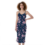 Pink Sakura Cherry Blossom Pattern Print Slim Fit Midi Cami Dress