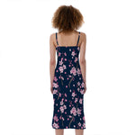 Pink Sakura Cherry Blossom Pattern Print Slim Fit Midi Cami Dress