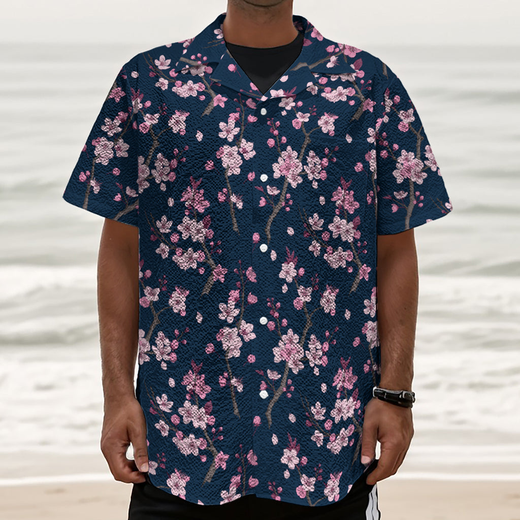 Pink Sakura Cherry Blossom Pattern Print Textured Short Sleeve Shirt