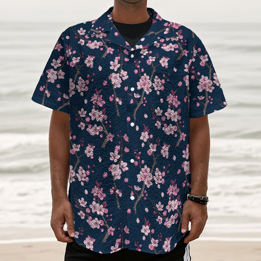 Pink Sakura Cherry Blossom Pattern Print Textured Short Sleeve Shirt