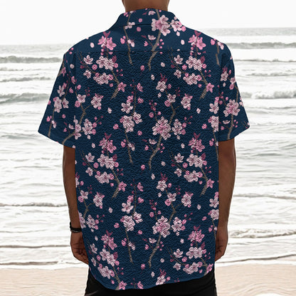 Pink Sakura Cherry Blossom Pattern Print Textured Short Sleeve Shirt