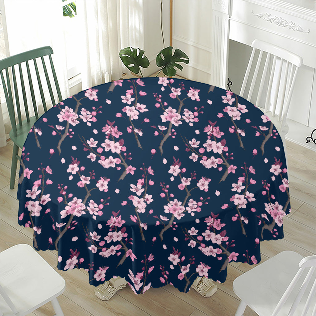 Pink Sakura Cherry Blossom Pattern Print Waterproof Round Tablecloth