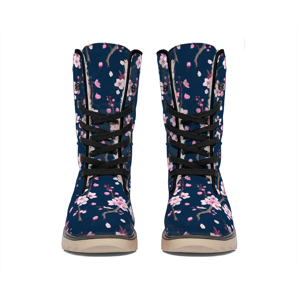 Pink Sakura Cherry Blossom Pattern Print Winter Boots
