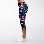 Pink Sakura Cherry Blossom Pattern Print Women's Capri Leggings