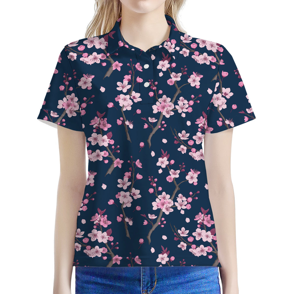 Pink Sakura Cherry Blossom Pattern Print Women's Polo Shirt