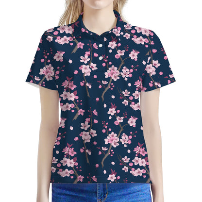 Pink Sakura Cherry Blossom Pattern Print Women's Polo Shirt