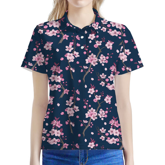 Pink Sakura Cherry Blossom Pattern Print Women's Polo Shirt