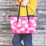 Pink Shibori Tie Dye Print Leather Tote Bag