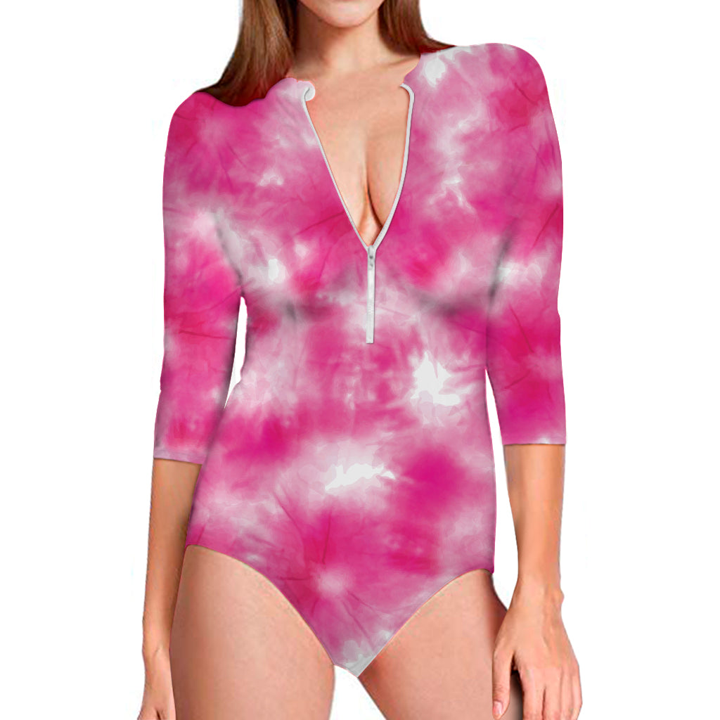 Pink Shibori Tie Dye Print Long Sleeve Swimsuit