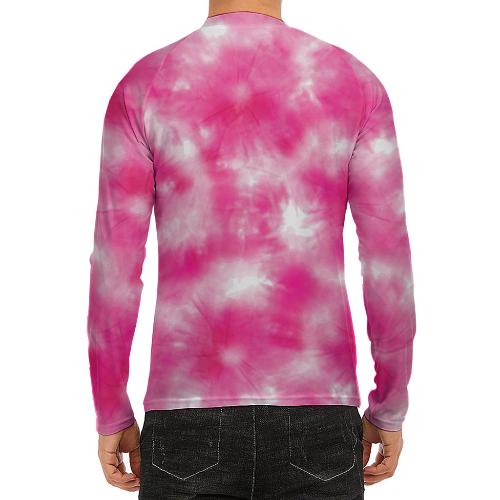 Pink Shibori Tie Dye Print Men's Long Sleeve Rash Guard