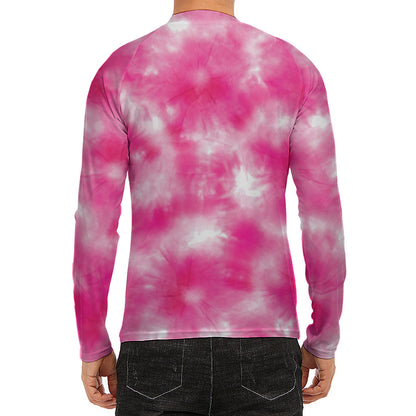 Pink Shibori Tie Dye Print Men's Long Sleeve Rash Guard