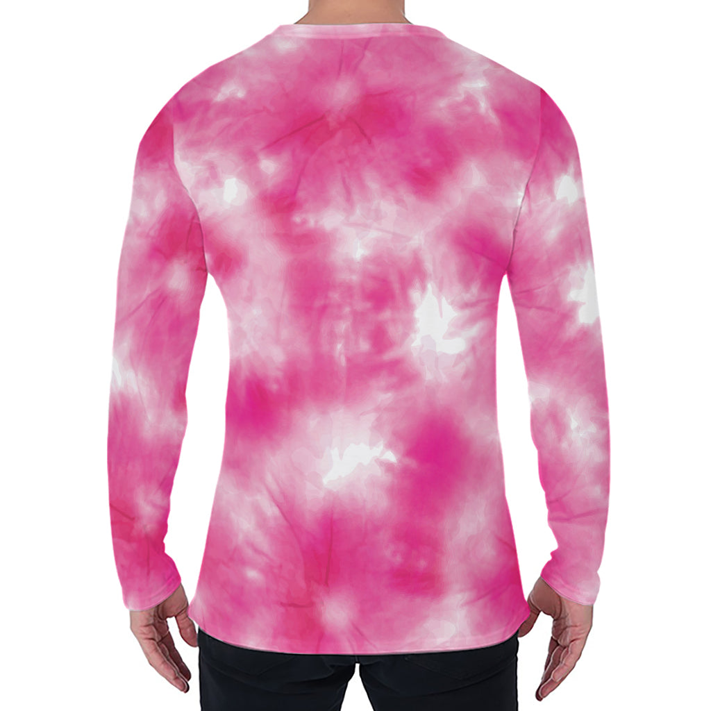 Pink Shibori Tie Dye Print Men's Long Sleeve T-Shirt