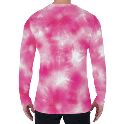 Pink Shibori Tie Dye Print Men's Long Sleeve T-Shirt