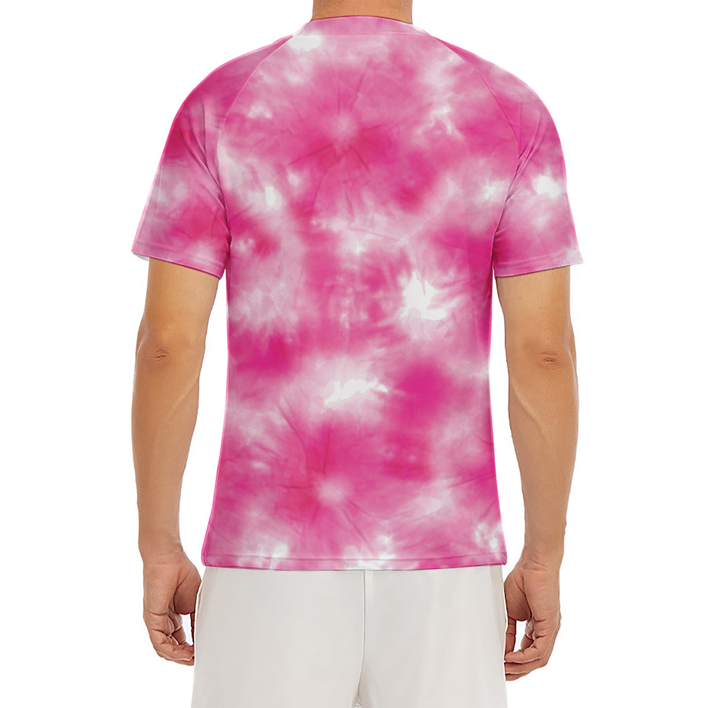 Pink Shibori Tie Dye Print Men's Short Sleeve Rash Guard