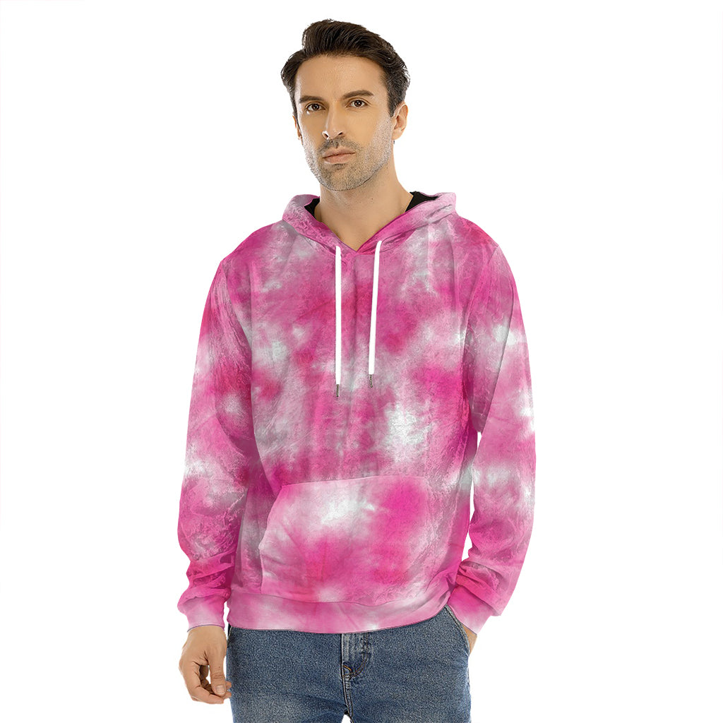 Pink Shibori Tie Dye Print Men's Velvet Pullover Hoodie