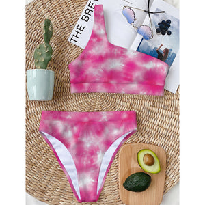 Pink Shibori Tie Dye Print One Shoulder Bikini Top