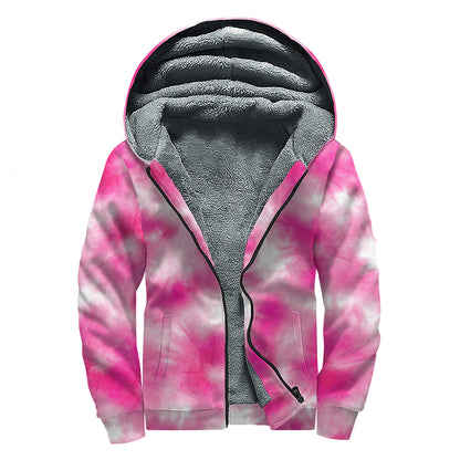 Pink Shibori Tie Dye Print Sherpa Lined Zip Up Hoodie