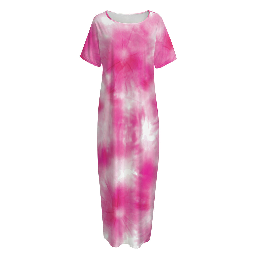 Pink Shibori Tie Dye Print Short Sleeve Long Nightdress