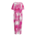 Pink Shibori Tie Dye Print Short Sleeve Long Nightdress